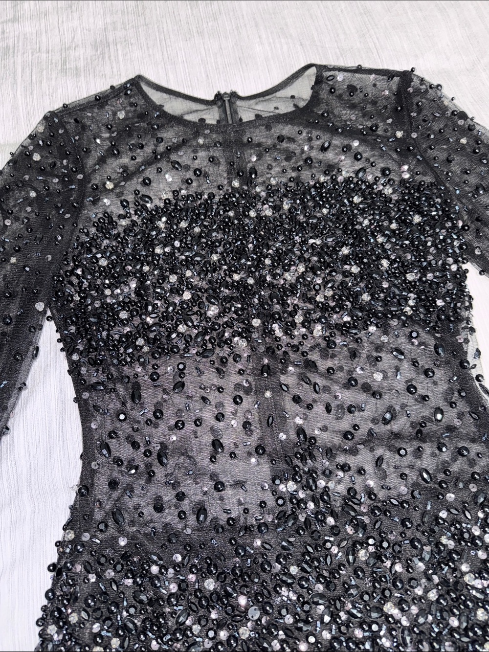 Black Beaded Sheer Mesh Long-Sleeve Mesh Mini Cocktail Dress - Picture 6 of 17
